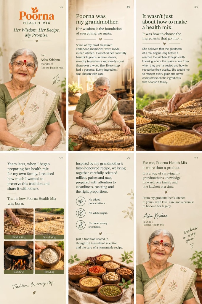 Poorna Health Mix — Her Wisdom, Her Recipe, My Promise 6-panel brand heritage story