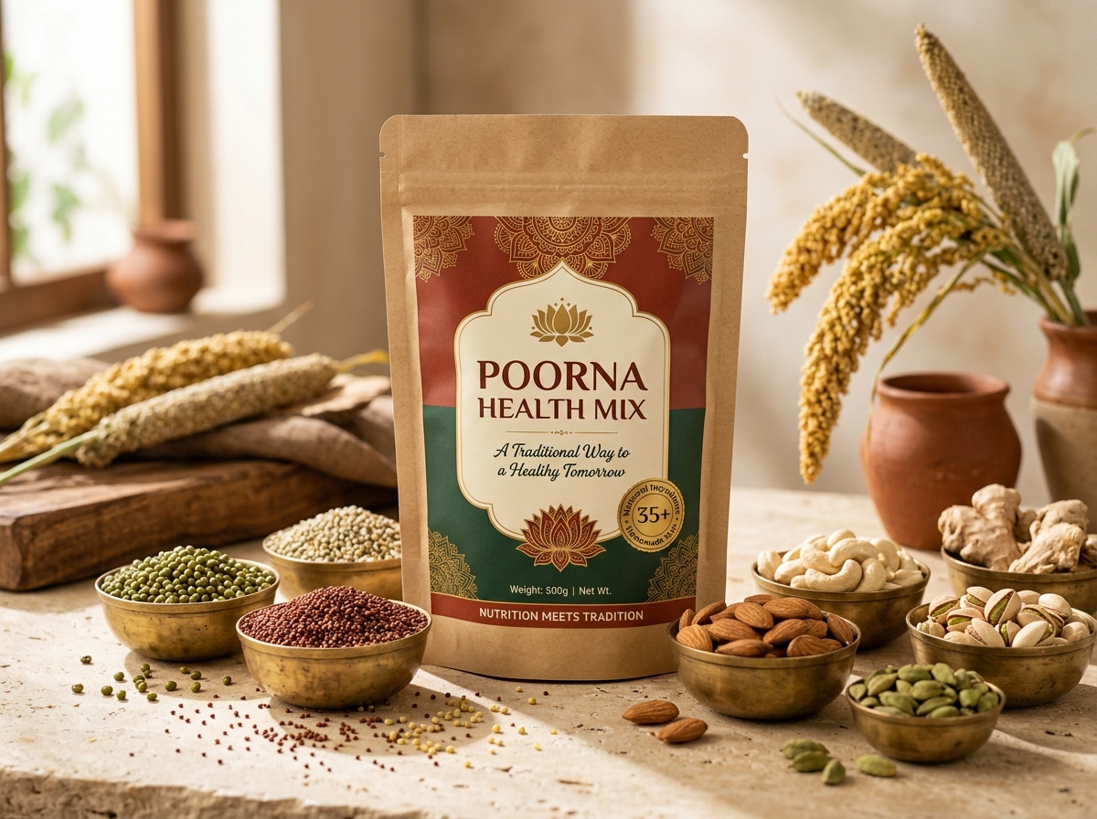 Poorna Health Mix Stand-Up Pouch surrounded by Ragi, Millets, Pulses, Almonds, Cashews and Spices